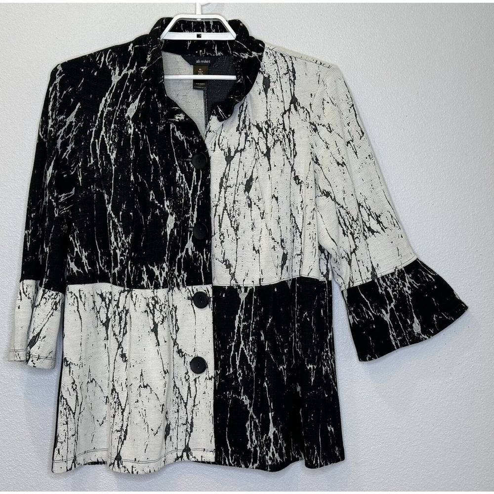 Ali Miles Womens Sweater Cardigan XL White Black Button Front Long Bell Sleeve